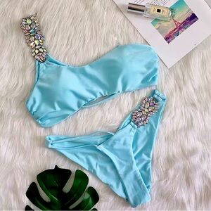 Baby blue crystal diamond luxury bikini swimsuit